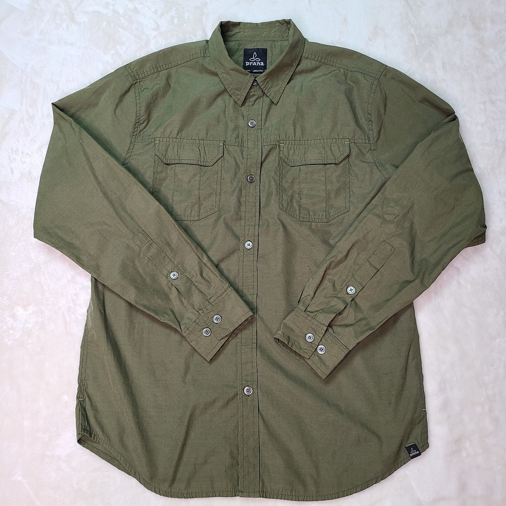 prAna Citadel Shirt Button Up Long Sleeve Cargo Green Mens Large L Tactical